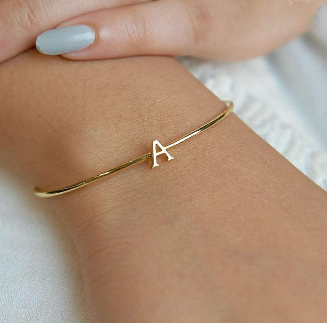 Anti-Tarnish Double-Line Crystal Name Bangle Bracelet